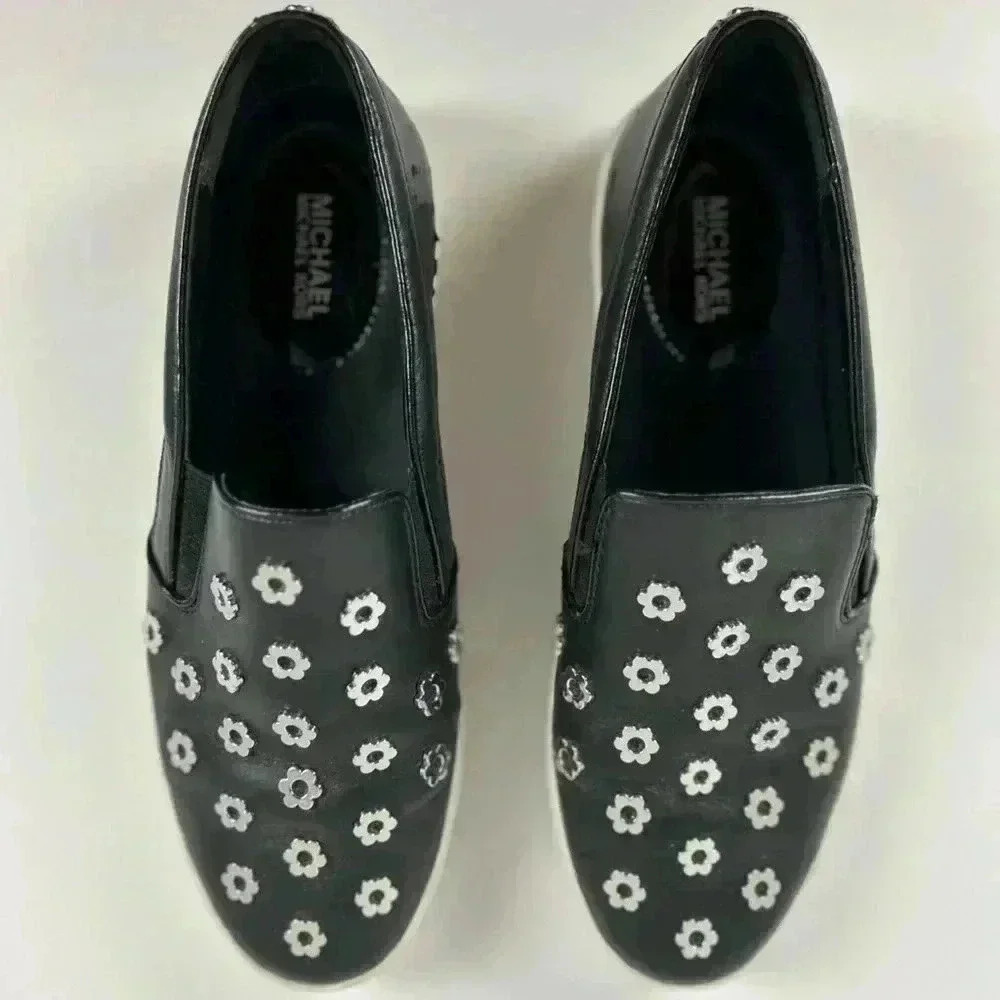 Michael Kors Keaton Slip On Sneaker metallic Floral toe Leather Black-Sizeโ 8